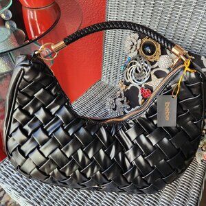 Share BEBE ~ Black Leather Crescent Chain LUCA Hobo Handbag ~ Gold Hardware ~ NW